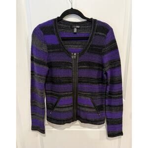 Aqua Dark Purple Cashmere Zip Up Sweater Cardigan With Leather Trim Size Large